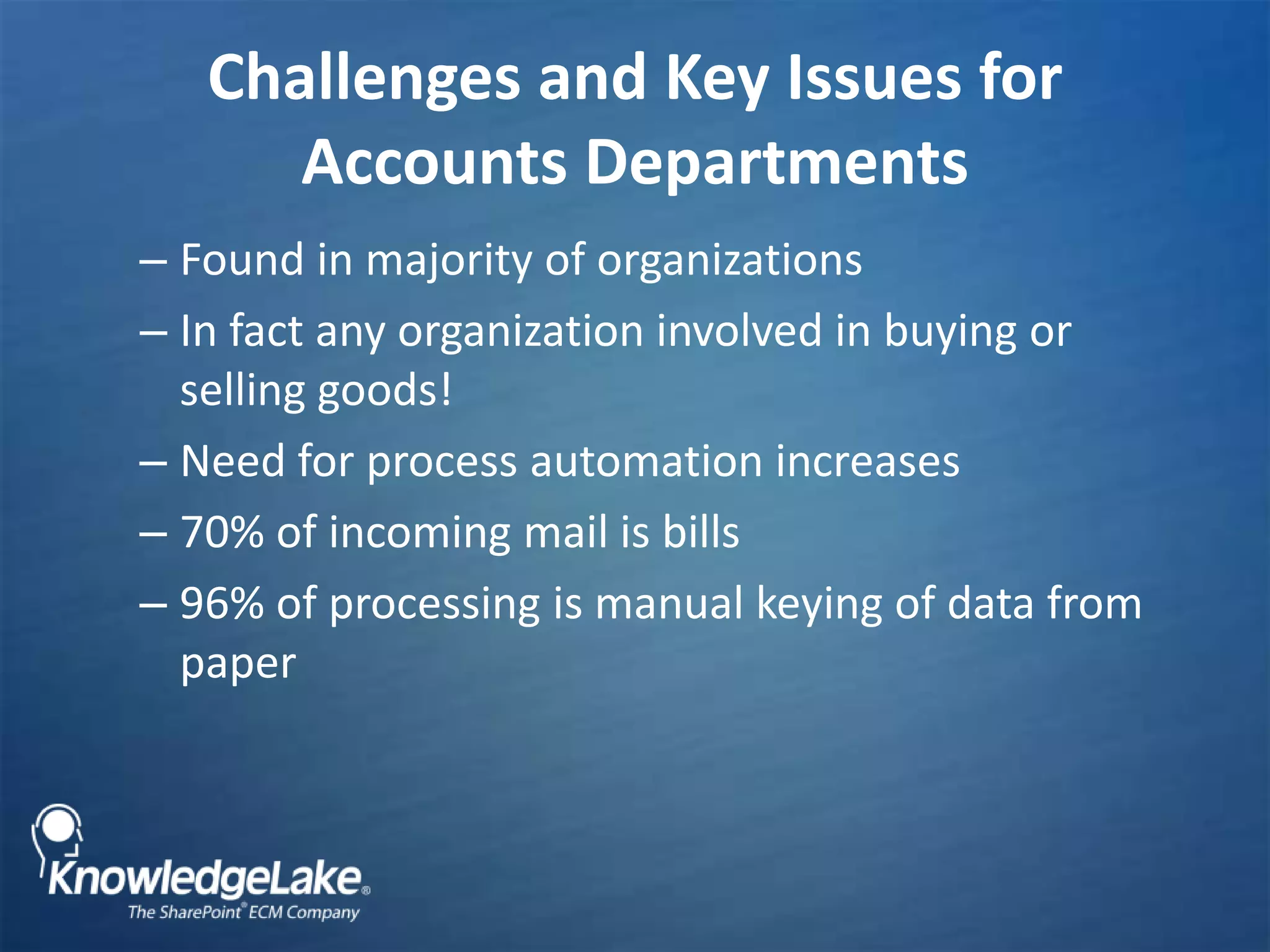 Challenges and Key Issues for Accounts Departments Found in majority of organizationsIn fact any organization involved in buying or selling goods!Need for process automation increases70% of incoming mail is bills 96% of processing is manual keying of data from paper