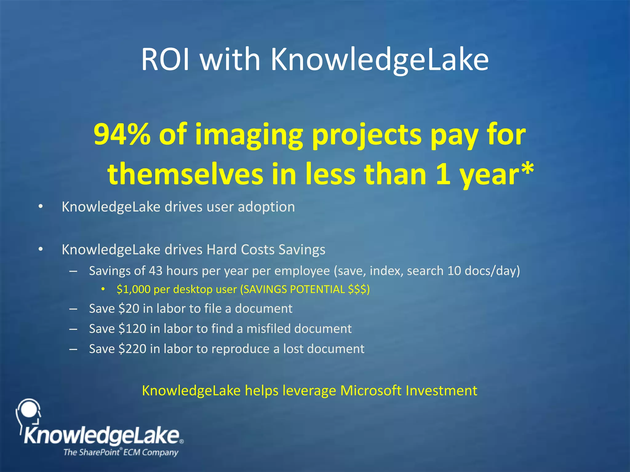  Release Into SharePoint LibrariesConnectCaptureSharePointKnowledgeLake extends the native capabilities of SharePoint to give you the freedom and flexibility to scan, index, store, retrieve and view large volumes of documents in a variety of waysServerImaging Database Lookup & Index Automation 