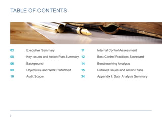 2
TABLE OF CONTENTS
03 Executive Summary
05 Key Issues and Action Plan Summary
06 Background
09 Objectives and Work Performed
10 Audit Scope
11 Internal Control Assessment
12 Best Control Practices Scorecard
14 Benchmarking Analysis
15 Detailed Issues and Action Plans
34 Appendix I: Data Analysis Summary
 