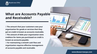 www.bluearrowcpa.com
What are Accounts Payable
and Receivable?
🎯 The amount that your customers owe your
organization for goods or services that they
got on credit is known as accounts receivable.
🎯 The amount of debt your organization owes
creditors for items you purchased on credit is
known as accounts payable.
✅ For maintaining a smooth cash flow and
organization requires effective management
of accounts payable and receivable.
 