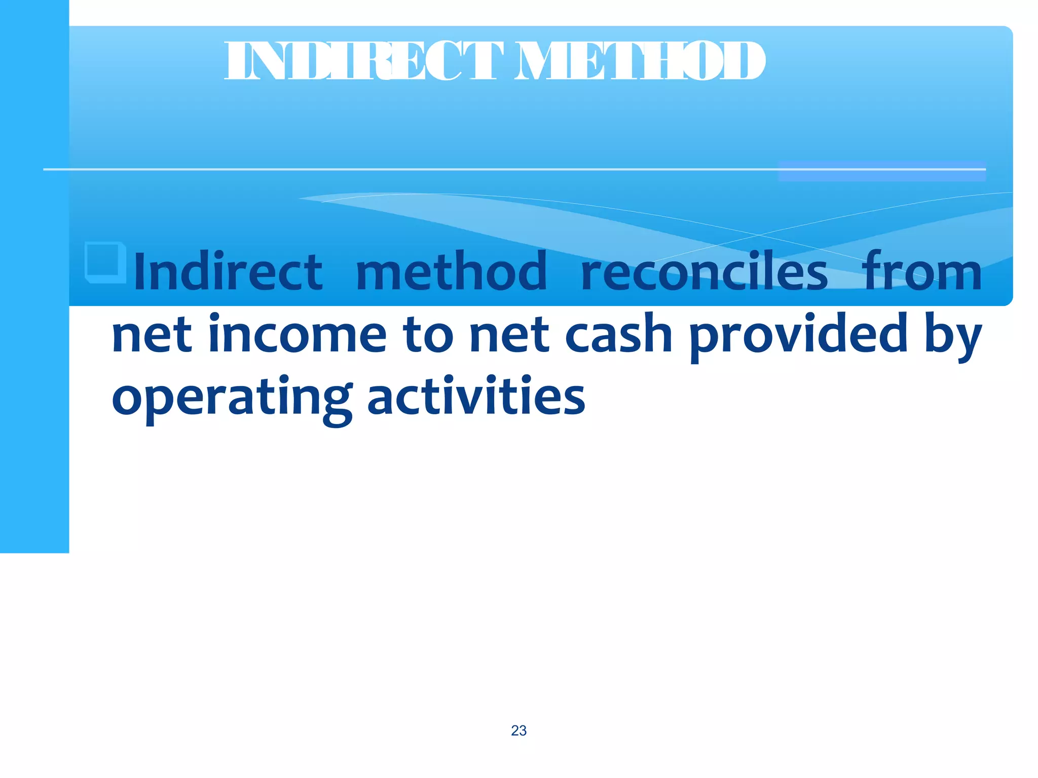 Indirect method reconciles from
net income to net cash provided by
operating activities
23
INDIRECT METHOD
 