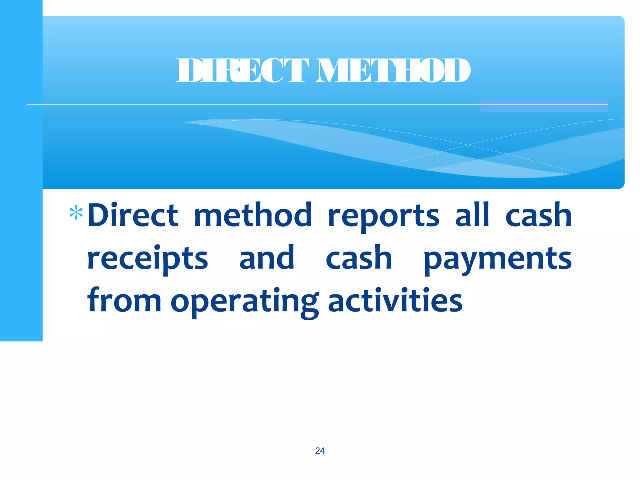 ∗Direct method reports all cash
receipts and cash payments
from operating activities
24
DIRECT METHOD
 