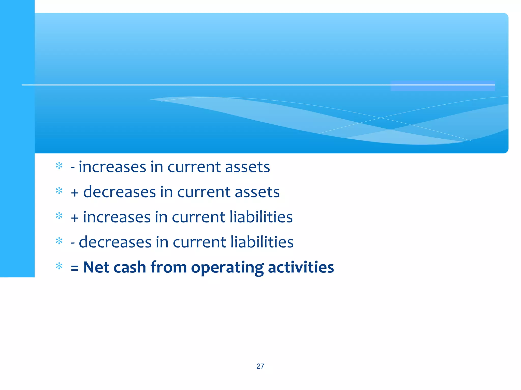 ∗ - increases in current assets
∗ + decreases in current assets
∗ + increases in current liabilities
∗ - decreases in current liabilities
∗ = Net cash from operating activities
27
 