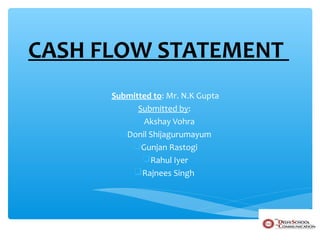 CASH FLOW STATEMENT
Submitted to: Mr. N.K Gupta
Submitted by:
Akshay Vohra
Donil Shijagurumayum
Gunjan Rastogi
Rahul Iyer
Rajnees Singh
 