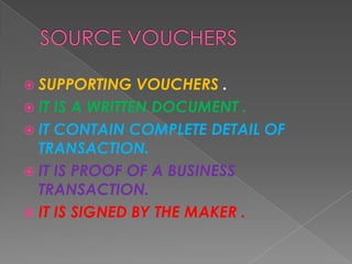  SUPPORTING

VOUCHERS .
 IT IS A WRITTEN DOCUMENT .
 IT CONTAIN COMPLETE DETAIL OF
TRANSACTION.
 IT IS PROOF OF A BUSINESS
TRANSACTION.
 IT IS SIGNED BY THE MAKER .

 