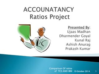 Presented By: 
Ujaas Madhan 
Dharmender Goyal 
Kunal Raj 
Ashish Anurag 
Prakash Kumar 
19 October 2014 1 
Comparison Of ratios 
of TCS AND IBM 
 