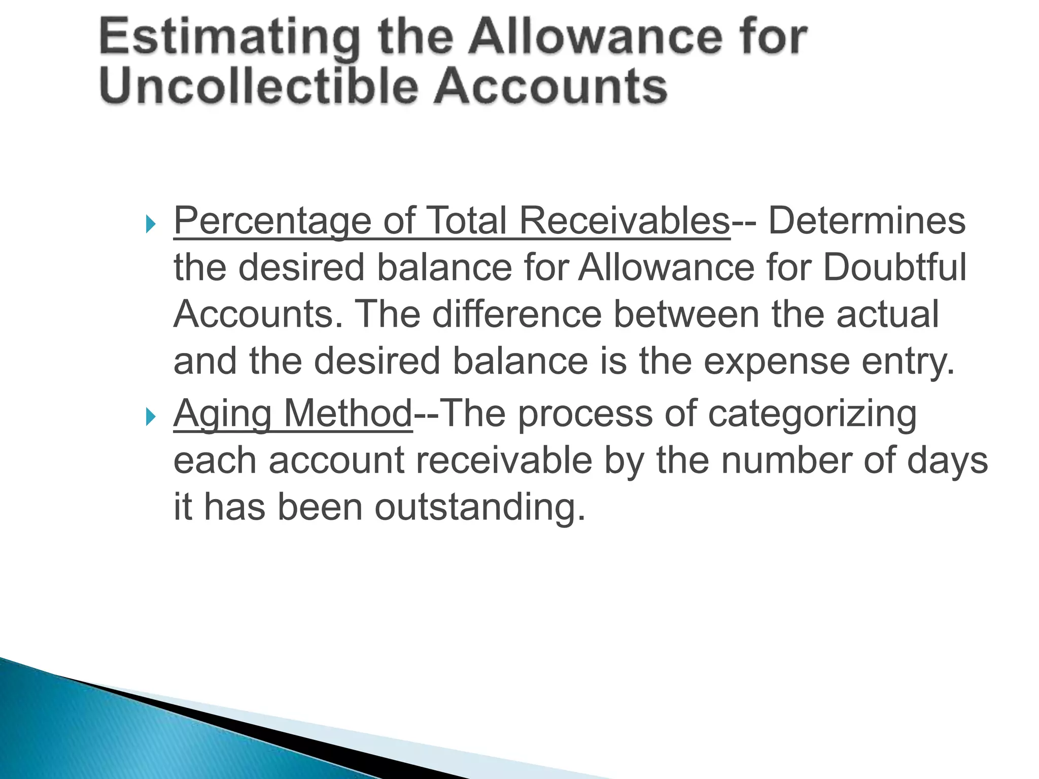  Percentage of Total Receivables-- Determines
the desired balance for Allowance for Doubtful
Accounts. The difference between the actual
and the desired balance is the expense entry.
 Aging Method--The process of categorizing
each account receivable by the number of days
it has been outstanding.
 