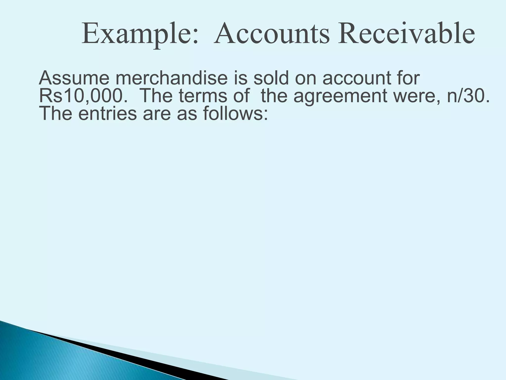 Example: Accounts Receivable
Assume merchandise is sold on account for
Rs10,000. The terms of the agreement were, n/30.
The entries are as follows:
 