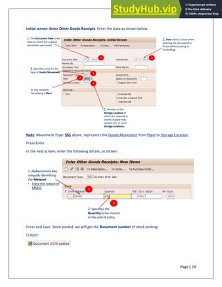 Page | 24
Initial screen: Enter Other Goods Receipts. Enter the data as shown below:
Note: Movement Type: 561 above, represents the Goods Movement from Plant to Storage Location.
Press Enter.
In the next screen, enter the following details, as shown:
Enter and Save. Stock posted, we will get the Document number of stock posting:
Output:
 