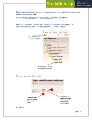 Page | 25
Observation: Stock Posting also posts an Accounting Entry in the back end, which is controlled
by an FI Document Type (WA).
To verify the Accounting entry and Document Type, go to transaction MB03.
PATH: SAP EASY ACCESS -> SAP MENU -> LOGISTICS -> MATERIALS MANAGEMENT ->
INVENTORY MANAGEMENT -> MATERIAL DOCUMENT -> MB03 – DISPLAY.
Next Screen, enter the shown details:
Press Enter.
 
