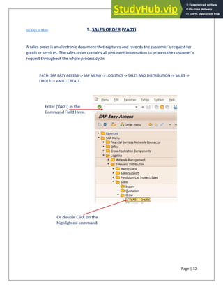 Page | 32
Go back to Main 5. SALES ORDER (VA01)
A sales order is an electronic document that captures and records the customer´s request for
goods or services. The sales order contains all pertinent information to process the customer´s
request throughout the whole process cycle.
PATH: SAP EASY ACCESS -> SAP MENU -> LOGISTICS -> SALES AND DISTRIBUTION -> SALES ->
ORDER -> VA01 - CREATE.
 