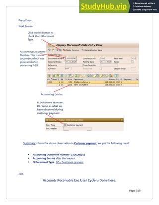 Page | 59
Press Enter.
Next Screen:
Summary - From the above observation in Customer payment, we got the following result:
▪ Accounting Document Number: 1400000143
▪ Accounting Entries after the Invoice.
▪ FI Document Type: DZ – Customer payment.
Exit.
Accounts Receivable End User Cycle is Done here.
 