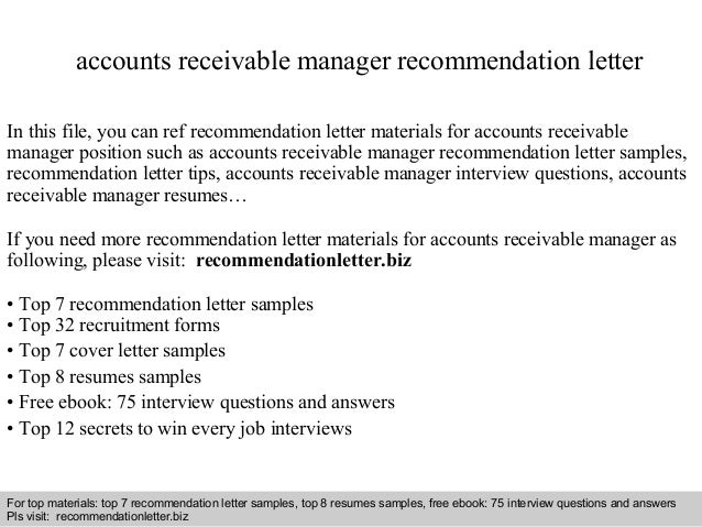 accounts receivable manager recommendation letter accounts receivable manager resumes