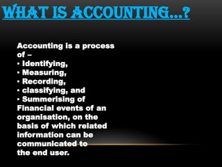 WHAT IS ACCOUNTING…?
Accounting is a process
of –
▪ Identifying,
▪ Measuring,
▪ Recording,
▪ classifying, and
▪ Summerising of
Financial events of an
organisation, on the
basis of which related
information can be
communicated to
the end user.
 
