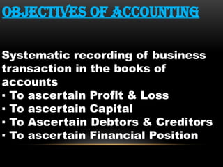 OBJECTIVES OF ACCOUNTING
Systematic recording of business
transaction in the books of
accounts
▪ To ascertain Profit & Loss
▪ To ascertain Capital
▪ To Ascertain Debtors & Creditors
▪ To ascertain Financial Position
 