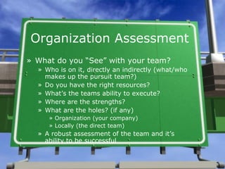 Organization Assessment <ul><li>What do you “See ”  with your team? </li></ul><ul><ul><li>Who is on it, directly an indire...