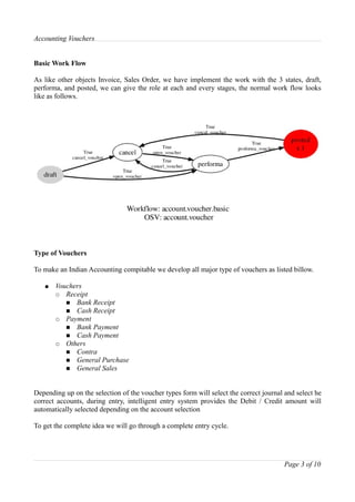 Accounting Vouchers


Basic Work Flow

As like other objects Invoice, Sales Order, we have implement the work with the 3 states, draft,
performa, and posted, we can give the role at each and every stages, the normal work flow looks
like as follows.




Type of Vouchers

To make an Indian Accounting compitable we develop all major type of vouchers as listed billow.

   ●   Vouchers
       ○ Receipt
          ■ Bank Receipt
          ■ Cash Receipt
       ○ Payment
          ■ Bank Payment
          ■ Cash Payment
       ○ Others
          ■ Contra
          ■ General Purchase
          ■ General Sales



Depending up on the selection of the voucher types form will select the correct journal and select he
correct accounts, during entry, intelligent entry system provides the Debit / Credit amount will
automatically selected depending on the account selection

To get the complete idea we will go through a complete entry cycle.




                                                                                       Page 3 of 10
 