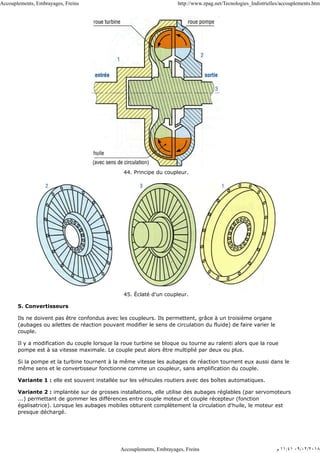 44. Principe du coupleur.
45. Éclaté d'un coupleur.
5. Convertisseurs
Ils ne doivent pas être confondus avec les coupleurs. Ils permettent, grâce à un troisième organe
(aubages ou ailettes de réaction pouvant modifier le sens de circulation du fluide) de faire varier le
couple.
Il y a modification du couple lorsque la roue turbine se bloque ou tourne au ralenti alors que la roue
pompe est à sa vitesse maximale. Le couple peut alors être multiplié par deux ou plus.
Si la pompe et la turbine tournent à la même vitesse les aubages de réaction tournent eux aussi dans le
même sens et le convertisseur fonctionne comme un coupleur, sans amplification du couple.
Variante 1 : elle est souvent installée sur les véhicules routiers avec des boîtes automatiques.
Variante 2 : implantée sur de grosses installations, elle utilise des aubages réglables (par servomoteurs
...) permettant de gommer les différences entre couple moteur et couple récepteur (fonction
égalisatrice). Lorsque les aubages mobiles obturent complètement la circulation d'huile, le moteur est
presque déchargé.
Accouplements, Embrayages, Freins http://www.zpag.net/Tecnologies_Indistrielles/accouplements.htm
Accouplements, Embrayages, Freins ‫ﻡ‬ ١١:٤١ ٠٩/٠٢/٢٠١٨
 