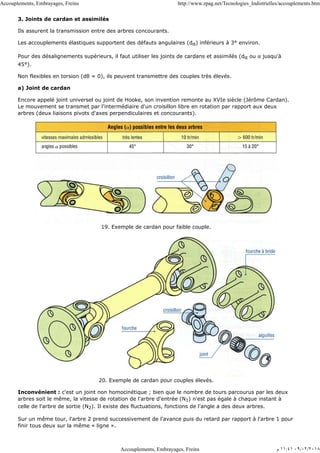3. Joints de cardan et assimilés
Ils assurent la transmission entre des arbres concourants.
Les accouplements élastiques supportent des défauts angulaires (dα) inférieurs à 3° environ.
Pour des désalignements supérieurs, il faut utiliser les joints de cardans et assimilés (dα ou α jusqu'à
45°).
Non flexibles en torsion (dθ = 0), ils peuvent transmettre des couples très élevés.
a) Joint de cardan
Encore appelé joint universel ou joint de Hooke, son invention remonte au XVIe siècle (Jérôme Cardan).
Le mouvement se transmet par l'intermédiaire d'un croisillon libre en rotation par rapport aux deux
arbres (deux liaisons pivots d'axes perpendiculaires et concourants).
19. Exemple de cardan pour faible couple.
20. Exemple de cardan pour couples élevés.
Inconvénient : c'est un joint non homocinétique ; bien que le nombre de tours parcourus par les deux
arbres soit le même, la vitesse de rotation de l'arbre d'entrée (N1) n'est pas égale à chaque instant à
celle de l'arbre de sortie (N2). Il existe des fluctuations, fonctions de l'angle a des deux arbres.
Sur un même tour, l'arbre 2 prend successivement de l'avance puis du retard par rapport à l'arbre 1 pour
finir tous deux sur la même « ligne ».
Accouplements, Embrayages, Freins http://www.zpag.net/Tecnologies_Indistrielles/accouplements.htm
Accouplements, Embrayages, Freins ‫ﻡ‬ ١١:٤١ ٠٩/٠٢/٢٠١٨
 