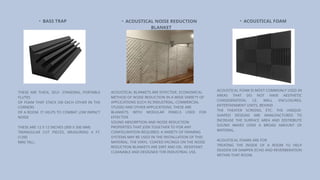 • BASS TRAP
THESE ARE THICK, SELF- STANDING, PORTABLE
FLUTES
OF FOAM THAT STACK ON EACH OTHER IN THE
CORNERS
OF A ROOM. IT HELPS TO COMBAT LOW IMPACT
NOISE
THESE ARE 12 X 12 INCHES (300 X 300 MM)
TRIANGULAR CUT PIECES, MEASURING 4 FT.
(1200
MM) TALL.
• ACOUSTICAL NOISE REDUCTION
BLANKET
ACOUSTICAL BLANKETS ARE EFFECTIVE, ECONOMICAL
METHOD OF NOISE REDUCTION IN A WIDE VARIETY OF
APPLICATIONS SUCH AS INDUSTRIAL, COMMERCIAL
STUDIO AND OTHER APPLICATIONS. THESE ARE
BLANKETS WITH MODULAR PANELS USED FOR
EFFECTIVE
SOUND ABSORPTION AND NOISE REDUCTION
PROPERTIES THAT JOIN TOGETHER TO FOR ANY
CONFIGURATION REQUIRED. A VARIETY OF FRAMING
SYSTEMS MAY BE USED IN THE INSTALLATION OF THIS
MATERIAL. THE VINYL- COATED FACINGS ON THE NOISE
REDUCTION BLANKETS ARE DIRT AND OIL- RESISTANT,
CLEANABLE AND DESIGNED TOR INDUSTRIAL USE.
• ACOUSTICAL FOAM
ACOUSTICAL FOAM IS MOST COMMONLY USED IN
AREAS THAT DO NOT HAVE AESTHETIC
CONSIDERATION, I.E. WALL ENCLOSURES,
ENTERTAINMENT UNITS, BEHIND
THE THEATER SCREENS, ETC. THE UNIQUE-
SHAPED DESIGNS ARE MANUFACTURED TO
INCREASE THE SURFACE AREA AND DISTRIBUTE
SOUND WAVES OVER A BROAD AMOUNT OF
MATERIAL.
ACOUSTICAL FOAMS ARE FOR
TREATING THE INSIDE OF A ROOM TO HELP
DEADEN OR DAMPEN ECHO AND REVERBERATION
WITHIN THAT ROOM.
 