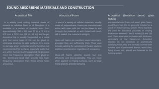 SOUND ABSORBING MATERIALS AND CONSTRUCTION
is a widely used ceiling material made of
mineral or cellulose fibers or of fiberglass. It is
available in a variety of moduial sizes from
approximately 300 x 300 men 12 in x 12 in.) lo
610 mm x 1220 mm (24 m. 48 in.) and larger.
Acoustical tile is usually Suspended in a metal
grid, but some types of tile can be glued or
otherwise attached to salid surfaces. It is prone
to darnage wher: contacted and is therefore not
recommended for surfaces. especially walls that
are within human reach Suspended tile provides
more low frequency absorption than glued-on
tile. Membrane-faced tiles provide less high-
frequency absorption than those whose faces
are porous.
Acoustical Tile Acoustical Foam
is one of a variety of cellular materiais, usually
made of polyurethane. Foams are manufactured
either with open cells (air can be blown in and
through the material) or with closed cells (each
cell is sealed, the material is airlight).
Open-cell foams are excellent sound absorbers,
provided they are sufficiently thick. Their uses
include padding for upholstered theater seats to
stabilize reverberation regardless of occupancy.
Close-cell foams absorbs sound, but less
efficiently and less predictably. They are more
often applied to ringing surfaces, such as large
metal plate to provide damping.
Acoustical (Isolation (wool, glass
fibber)
are manufactured from rock wool, glass fibers,
wood fibers, hair felt, etc generally installed on a
wood or metal framing system. These blankets
are used for acoustical purposes in varying
thicknesses between 1 and 5 inches (25 and 125
mm). Their absorption increases with thickness,
particularly at low frequencies. Acoustical
blankets do not constitute an aesthetically
satisfying finish, they are normally covered with
suitable type of perforated boards, wood slats,
flying screen, etc., placed and fastened to the
framing system
 