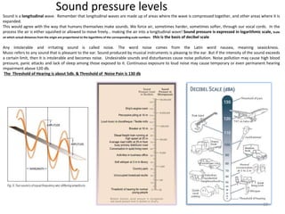 Sound pressure levels
Sound is a longitudinal wave. Remember that longitudinal waves are made up of areas where the wave is compressed together, and other areas where it is
expanded.
This would agree with the way that humans themselves make sounds. We force air, sometimes harder, sometimes softer, through our vocal cords. In the
process the air is either squished or allowed to move freely… making the air into a longitudinal wave! Sound pressure is expressed in logarithmic scale, Scale
on which actual distances from the origin are proportional to the logarithms of the corresponding scale numbers this is the basis of decibel scale
Any intolerable and irritating sound is called noise. The word noise comes from the Latin word nausea, meaning seasickness.
Music refers to any sound that is pleasant to the ear. Sound produced by musical instruments is pleasing to the ear. But if the intensity of the sound exceeds
a certain limit, then it is intolerable and becomes noise. Undesirable sounds and disturbances cause noise pollution. Noise pollution may cause high blood
pressure, panic attacks and lack of sleep among those exposed to it. Continuous exposure to loud noise may cause temporary or even permanent hearing
impairment above 120 db.
The Threshold of Hearing is about 5db. & Threshold of Noise Pain is 130 db
10
 