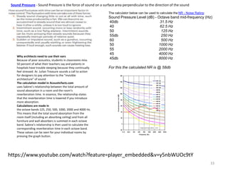 33
The calculator below can be used to calculate the NR - Noise Rating:
Sound Pressure Level (dB) - Octave band mid-frequency (Hz)
40db 31.5 Hz
40 62.5 Hz
50 125 Hz
55db 250 Hz
60 500 Hz
50 1000 Hz
55 2000 Hz
45 4000 Hz
45db 8000 Hz
For this the calculated NR is @ 58db
Why architects need to use their ears
Because of poor acoustics, students in classrooms miss
50 percent of what their teachers say and patients in
hospitals have trouble sleeping because they continually
feel stressed. Ar. Julian Treasure sounds a call to action
for designers to pay attention to the "invisible
architecture" of sound
The calculation model in Acousticfacts.com
uses Sabine’s relationship between the total amount of
sound absorption in a room and the room’s
reverberation time. In essence, the relationship states
that the reverberation time is lowered if you introduce
more absorption.
Calculations are made in
the octave bands 125, 250, 500, 1000, 2000 and 4000 Hz.
This means that the total sound absorption from the
room itself (including an absorbing ceiling) and from all
furniture and wall absorbers is summed in each octave
band. Sabine’s relationship is then used to calculate the
corresponding reverberation time in each octave band.
These values can be seen for your individual rooms by
pressing the graph button.
https://www.youtube.com/watch?feature=player_embedded&v=y5nbWUOc9tY
Sound Pressure - Sound Pressure is the force of sound on a surface area perpendicular to the direction of the sound
 