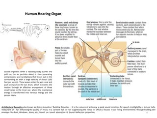 Human Hearing Organ
Architectural Acoustics also known as Room Acoustics / Building Acoustics , it is the science of achieving a good sound condition for speech intelligibility in lecture halls,
restaurant or for enhancing the quality of music in a concert hall or for suppressing the noise in offices / houses in our living environments through Building skin
envelops like Roof, Windows , doors, etc,. Based on sound absorption & Sound Reflection properties.
Sound originates when a vibrating body pushes and
pulls on the air particles about it, thus generating
compressions and rarefactions that travel out in the
surrounding air with a large velocity of about 1100
feet per second. These waves enter the ear canal and
push and pull on the ear drum, which transmits the
motion through an effective arrangement of three
small hones to the inner ear, where the mechanical
energy is transformed into nervous energy and the
person hears.
4
 