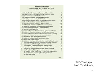 Architectural Acoustics
Question Bank VTU 6thSem B. Arch 2015
Draw sketches wherever necessary
1. (a) What is Sound ? Explain its difference with human Voice 04
(b) Explain the difference between Pitch & Frequency of sound 06
2. (a) How sound is produced in the human body 04
(b) Explain the concept of Sound Wave & Amplitude 06
3. (a) What do you understand by “DECIBEL” of sound, 04
(b) Differentiate between Audible /infrasonic & Ultrasonic sounds 06
4. (a) On what factors the speed of sound is determined 04
(b) What is “Attenuation of sound & Quality of sound 06
5. (a) Differentiate between Sound Pressure & Sound power 04
(b) Explain the fundamental characteristics of sound in detail 06
6. (a) Explain Threshold of Hearing & Threshold of Pain 04
(b) What is- Inverse Square Law 06
7. (a) Explain with sketches the features of the Ancient Greek Theater 04
(b) Explain the Operative concepts of Roman Theater Acoustics 06
8 (a) Explain with sketches the sound & surface interactions in buildings 04
(b) Explain the acoustic consideration in the work spaces 06
9. (a) What do you know about Sabine formula ? 04
(b) Explain the Ambient Noise & Reverberation issues 06
10(a) What causes Echo in Buildings 04
(b) Explain the importance of Reverberation time in the halls for music 06
11. Discuss the behavior of sound in enclosed spaces & its solutions 10
12. Explain the sound Reinforcing & Insulations methods 10
13. Discuss about i) Speech intelligibility ii) Room modes 10
14. Explain Good Acoustic design, What factors affect the basic goal 10
15. Describe the methods adopted for noise control in buildings 10
16. Briefly explain the following (answer any two) 10
a.) Standing waves b)Bass Traps c.) Sound Absorbing Materials
d.) sound masking purpose e.) Time delay mechanism
e.) Audio spot lighting
ksm.
END- Thank You
Prof. K S Mukunda
40
 