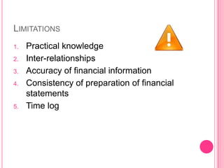 LIMITATIONS
1.
2.
3.
4.

5.

Practical knowledge
Inter-relationships
Accuracy of financial information
Consistency of preparation of financial
statements
Time log

 