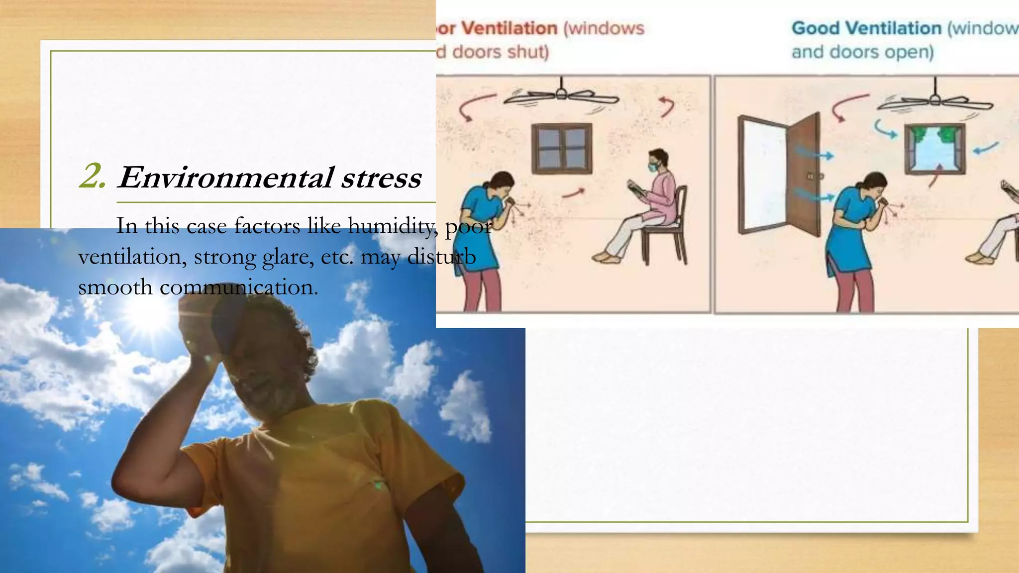 2. Environmental stress
In this case factors like humidity, poor
ventilation, strong glare, etc. may disturb
smooth communication.