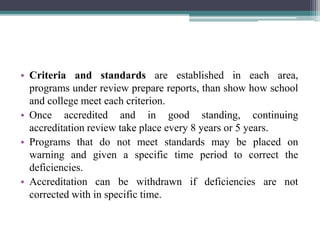 • Criteria and standards are established in each area,
programs under review prepare reports, than show how school
and college meet each criterion.
• Once accredited and in good standing, continuing
accreditation review take place every 8 years or 5 years.
• Programs that do not meet standards may be placed on
warning and given a specific time period to correct the
deficiencies.
• Accreditation can be withdrawn if deficiencies are not
corrected with in specific time.
 