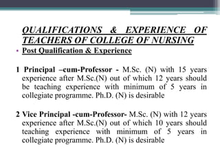 QUALIFICATIONS & EXPERIENCE OF
TEACHERS OF COLLEGE OF NURSING
• Post Qualification & Experience
1 Principal –cum-Professor - M.Sc. (N) with 15 years
experience after M.Sc.(N) out of which 12 years should
be teaching experience with minimum of 5 years in
collegiate programme. Ph.D. (N) is desirable
2 Vice Principal -cum-Professor- M.Sc. (N) with 12 years
experience after M.Sc.(N) out of which 10 years should
teaching experience with minimum of 5 years in
collegiate programme. Ph.D. (N) is desirable
 