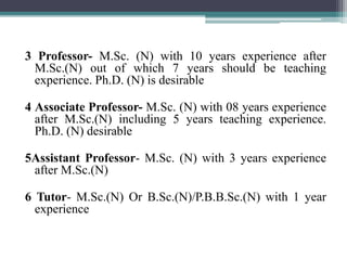 3 Professor- M.Sc. (N) with 10 years experience after
M.Sc.(N) out of which 7 years should be teaching
experience. Ph.D. (N) is desirable
4 Associate Professor- M.Sc. (N) with 08 years experience
after M.Sc.(N) including 5 years teaching experience.
Ph.D. (N) desirable
5Assistant Professor- M.Sc. (N) with 3 years experience
after M.Sc.(N)
6 Tutor- M.Sc.(N) Or B.Sc.(N)/P.B.B.Sc.(N) with 1 year
experience
 