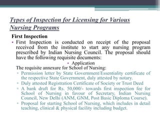 Types of Inspection for Licensing for Various
Nursing Programs
First Inspection
• First Inspection is conducted on receipt of the proposal
received from the institute to start any nursing program
prescribed by Indian Nursing Council. The proposal should
have the following requisite documents:
• Application
The requisite annexure for School of Nursing:
▫ Permission letter by State Government/Essentiality certificate of
the respective State Government, duly attested by notary.
▫ Duly attested Registration Certificate of Society or Trust Deed
▫ A bank draft for Rs. 50,000/- towards first inspection fee for
School of Nursing in favour of Secretary, Indian Nursing
Council, New Delhi (ANM, GNM, Post Basic Diploma Course).
▫ Proposal for starting School of Nursing, which includes in detail
teaching, clinical & physical facility including budget.
 