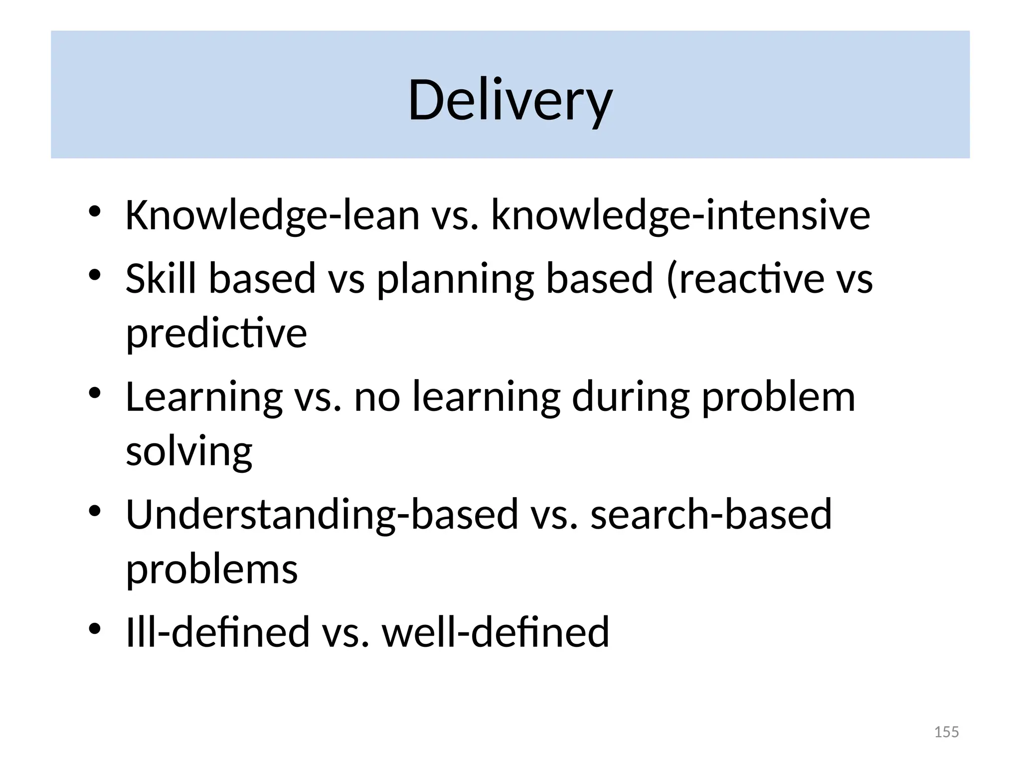 Delivery
• Knowledge-lean vs. knowledge-intensive
• Skill based vs planning based (reactive vs
predictive
• Learning vs. no learning during problem
solving
• Understanding-based vs. search-based
problems
• Ill-defined vs. well-defined
155
 