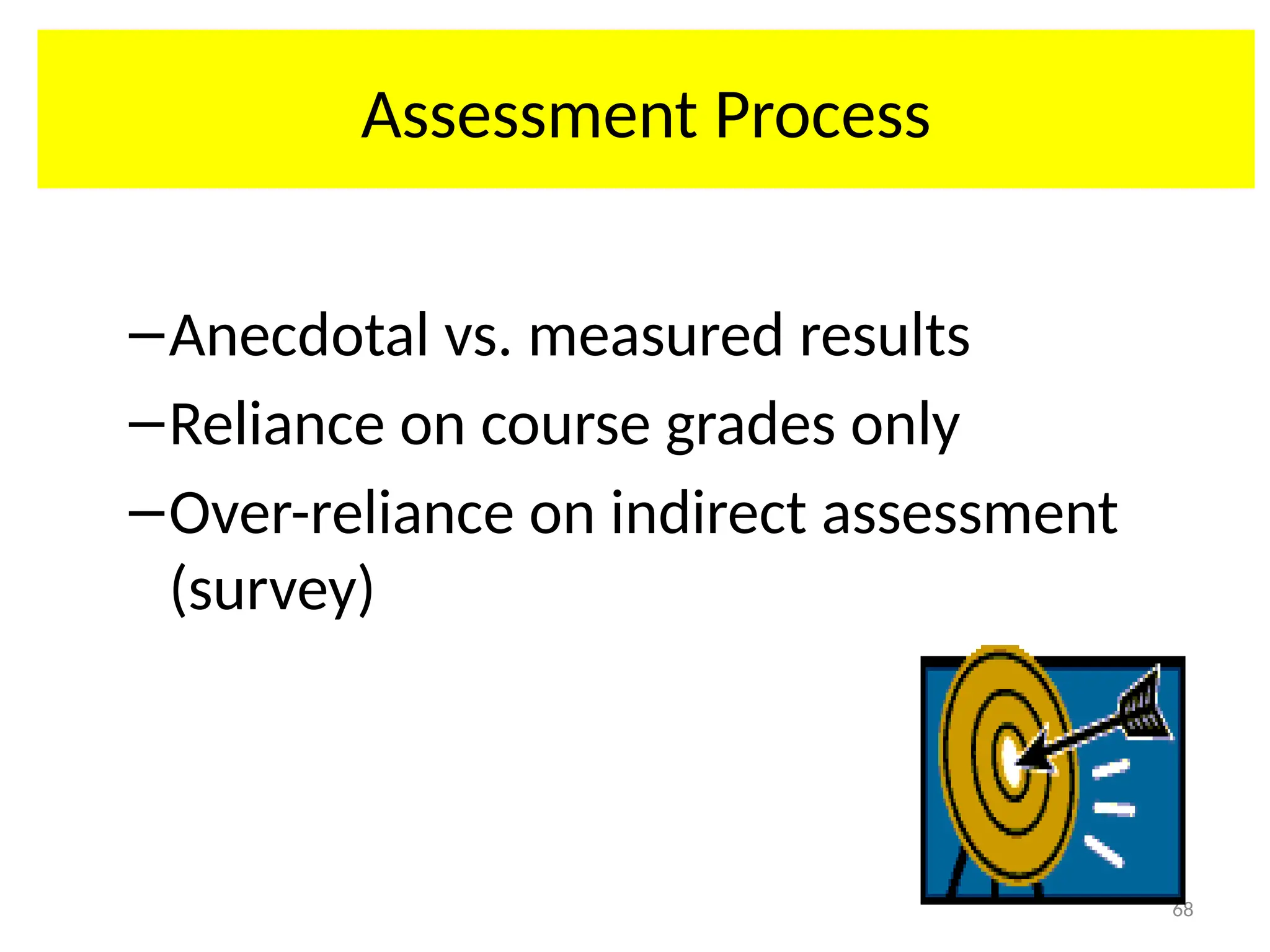 68
Assessment Process
–Anecdotal vs. measured results
–Reliance on course grades only
–Over-reliance on indirect assessment
(survey)
 