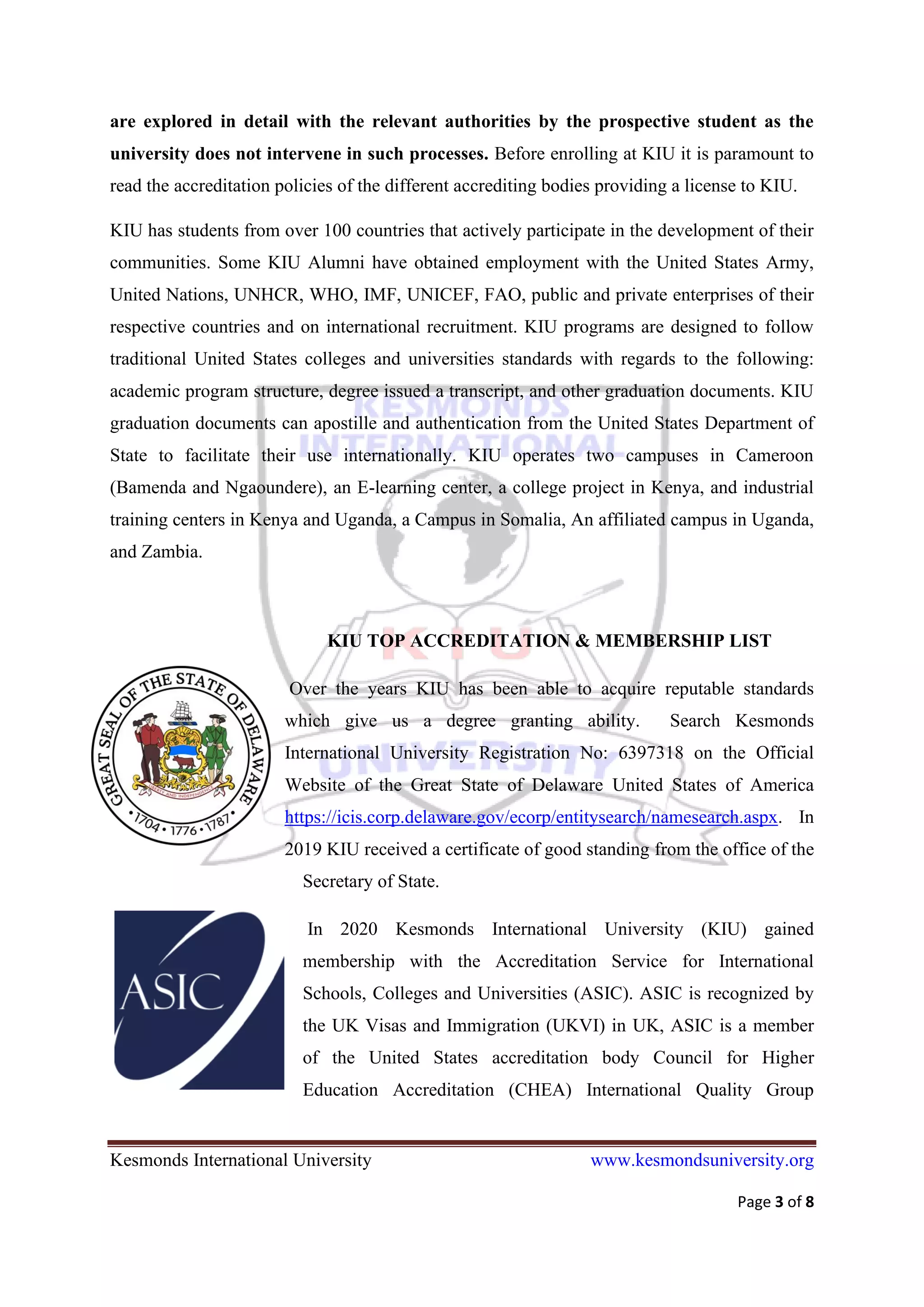 Accreditation profile kesmonds international university | PDF