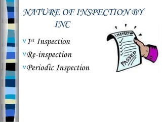 NATURE OF INSPECTION BY
INC
1st Inspection
Re-inspection
Periodic Inspection
 