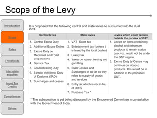 Scope of the Levy
Introduction   It is proposed that the following central and state levies be subsumed into the dual
               GST.
                      Central levies                    State levies                Levies which would remain
   Scope                                                                            outside the purview of GST
               1. Central Excise Duty        1. VAT / Sales tax                  1. Levies on items containing
               2. Additional Excise Duties   2. Entertainment tax (unless it        alcohol and petroleum
   Rates                                        is levied by the local bodies)      products to remain status
               3. Excise Duty on
                                                                                    quo, viz., would not be under
                  Medicinal and Toilet       3. Luxury tax
                                                                                    the GST regime.
                  preparations               4. Taxes on lottery, betting and
Thresholds                                                                    2. Excise Duty by Centre may
               4. Service Tax                   gambling
                                                                                 continue on tobacco
               5. Countervailing Duty        5. State Cesses and                 products. This would be in
 Inter-state                                    Surcharges in so far as they
               6. Special Additional Duty                                        addition to the proposed
  supplies                                      relate to supply of goods
                  of Customs (SAD)                                               GST.
                                                and services
               7. Surcharges and cesses
 Input Tax                                   6. Entry tax which is not in lieu
  Credits
                                                of Octroi
                                             7. Purchase Tax *
Compliances
                * The subsumation is yet being discussed by the Empowered Committee in consultation
                with the Government of India.
  Others
 