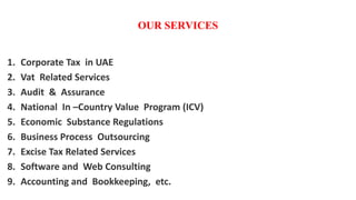 OUR SERVICES
1. Corporate Tax in UAE
2. Vat Related Services
3. Audit & Assurance
4. National In –Country Value Program (I...