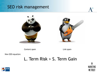 SEO risk management
New SEO equation:
L. Term Risk > S. Term Gain
Content spam Link spam
 