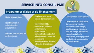 SERVICE INFO-CONSEIL PME
Notre intervention:
Identification et
validation des
programmes
Mise en contact vers les
gestionnaires
Quel que soit votre
besoin de financement
Innovation R&D,
embauche, relève et
actionnariat,
exportation,
immobilisation et achat
d’équipement, fonds de
roulement,
développement durable,
efficacité énergétique
Quel que soit votre projet:
Centre sportif, fabrication
de convoyeur minier,
location de motoneige,
boutique pour hommes,
bois de sciage, édition de
magazine, épicerie
spécialisée, élevage porcin,
bar laitier, transformation
de petits-fruits…,
Programmes d’aide et de financement
 