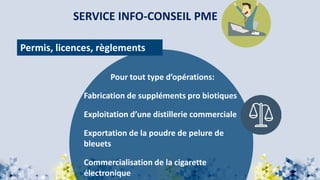 SERVICE INFO-CONSEIL PME
Permis, licences, règlements
Pour tout type d’opérations:
Fabrication de suppléments pro biotiques
Exploitation d’une distillerie commerciale
Exportation de la poudre de pelure de
bleuets
Commercialisation de la cigarette
électronique
 