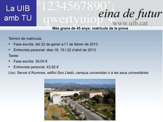 Més grans de 45 anys: matrícula de la prova

Termini de matrícula:
• Fase escrita: del 22 de gener a l’1 de febrer de 2013
• Entrevista personal: dies 18, 19 i 22 d’abril de 2013
Taxes:
• Fase escrita: 39,55 €
• Entrevista personal: 43,92 €
Lloc: Servei d’Alumnes, edifici Son Lledó, campus universitari o a les seus univesitàries
 