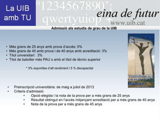 Admissió als estudis de grau de la UIB




•       Més grans de 25 anys amb prova d’accés: 5%
•       Més grans de 45 amb prova i de 40 anys amb acreditació: 3%
•       Títol universitari: 3%
•       Títol de batxiller més PAU o amb el títol de tècnic superior

                  * 3% esportites d’alt rendiment i 5 % discapacitat




    •     Preinscripció universitària: de maig a juliol de 2013
    •     Criteris d’admissió:
                 •    Opció elegida i la nota de la prova per a més grans de 25 anys
                 •    Resultat obtingut en l’accés mitjançant acreditació per a més grans de 40 anys
                 •    Nota de la prova per a més grans de 45 anys
 