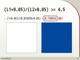 ChatWork株式会社
(L1+0.05)/(L2+0.05) >= 4.5
• (1+0.05)/(0.070295+0.05) = 8.728542
48
OK!
 