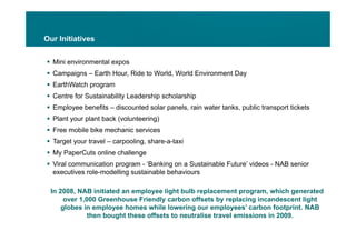 Our Initiatives


 Mini environmental expos
 Campaigns – Earth Hour, Ride to World, World Environment Day
 EarthWatch program
 Centre for Sustainability Leadership scholarship
 Employee benefits – discounted solar panels, rain water tanks, public transport tickets
 Plant your plant back (volunteering)
 Free mobile bike mechanic services
 Target your travel – carpooling, share-a-taxi
 My PaperCuts online challenge
 Viral communication program - ‘Banking on a Sustainable Future’ videos - NAB senior
  executives role-modelling sustainable behaviours

 In 2008, NAB initiated an employee light bulb replacement program, which generated
      over 1,000 Greenhouse Friendly carbon offsets by replacing incandescent light
     g
     globes in employee homes while lowering our employees’ carbon footprint. NAB
                     y                        g            y
              then bought these offsets to neutralise travel emissions in 2009.
 