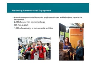Monitoring Awareness and Engagement


 Annual survey conducted to monitor employee attitudes and behaviours towards the
  environment
 2,000 attended mini environment expo
 365 Ride to Work
 1,335 volunteer days to environmental activities
 