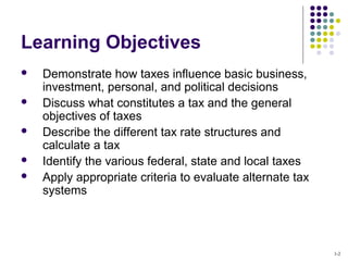 1-2
Learning Objectives
 Demonstrate how taxes influence basic business,
investment, personal, and political decisions
 Discuss what constitutes a tax and the general
objectives of taxes
 Describe the different tax rate structures and
calculate a tax
 Identify the various federal, state and local taxes
 Apply appropriate criteria to evaluate alternate tax
systems
 